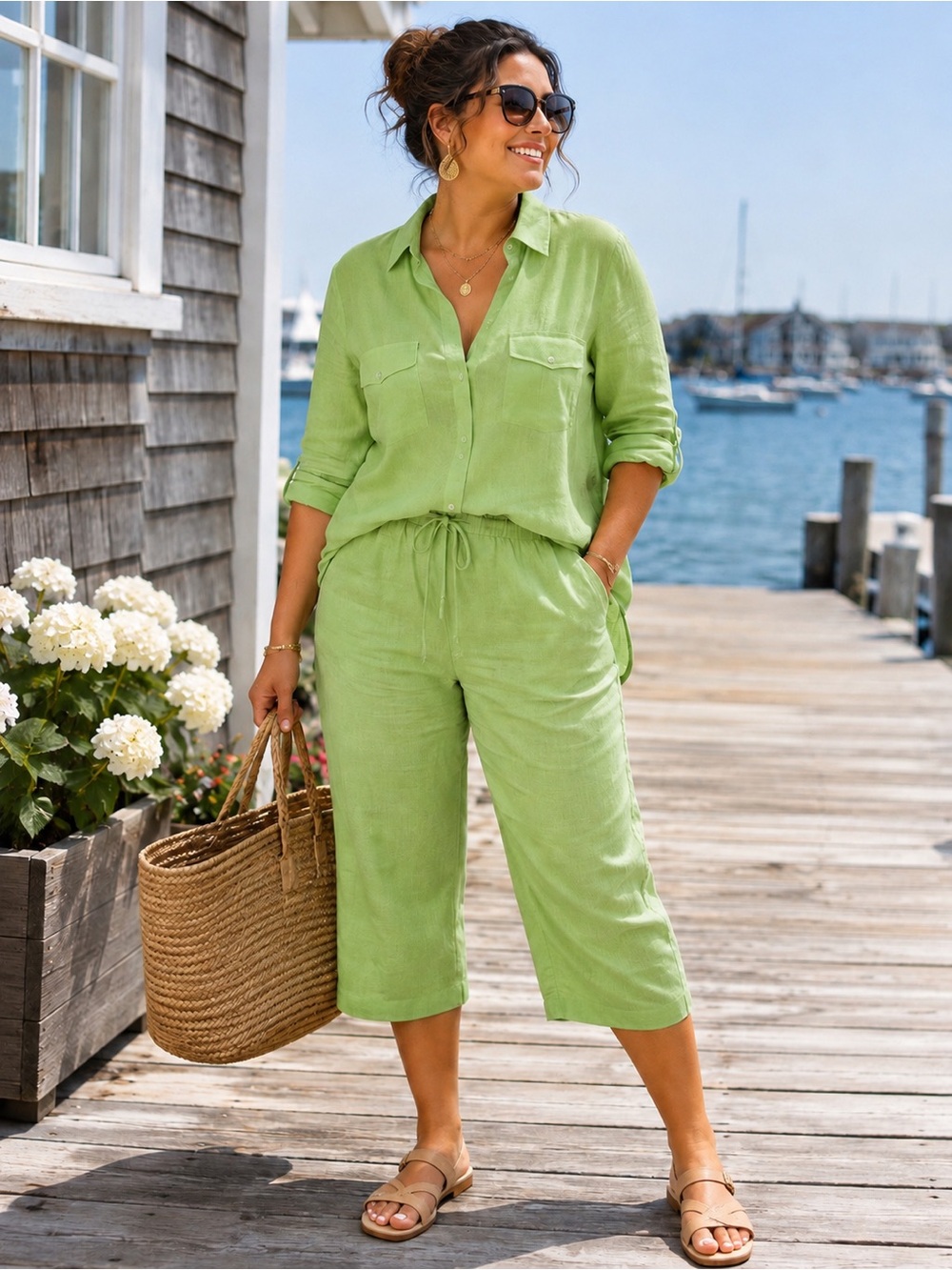 TALBOTS PETITES Women’s Lime Green IRISH LINEN Top Capris Pants Set L 14